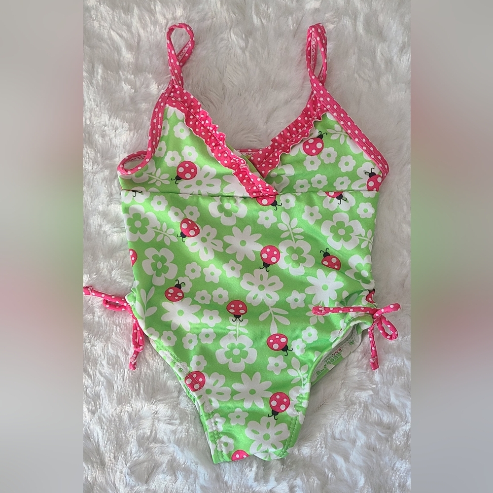 Penelope Mack- Girl's Green Pink Lady Bug One-Piece Swimsuit Bikini, 18 M